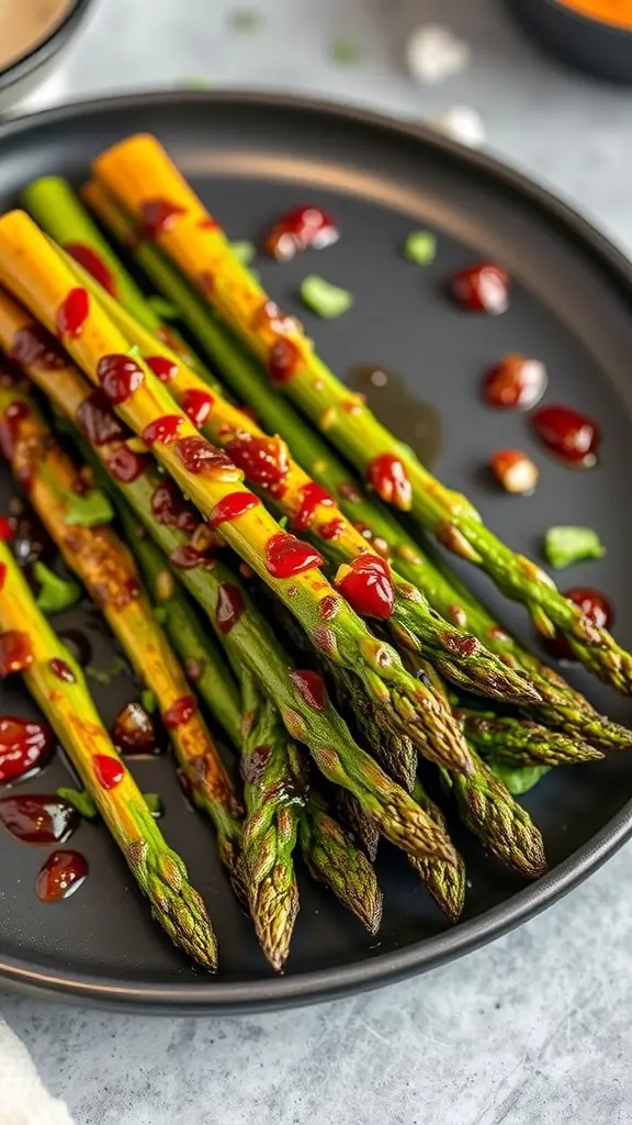 A plate of grilled asparagus drizzled with smoky chipotle sauce