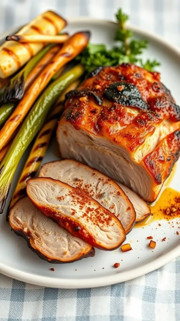 Smoky Chipotle Pork Loin served with grilled vegetables.