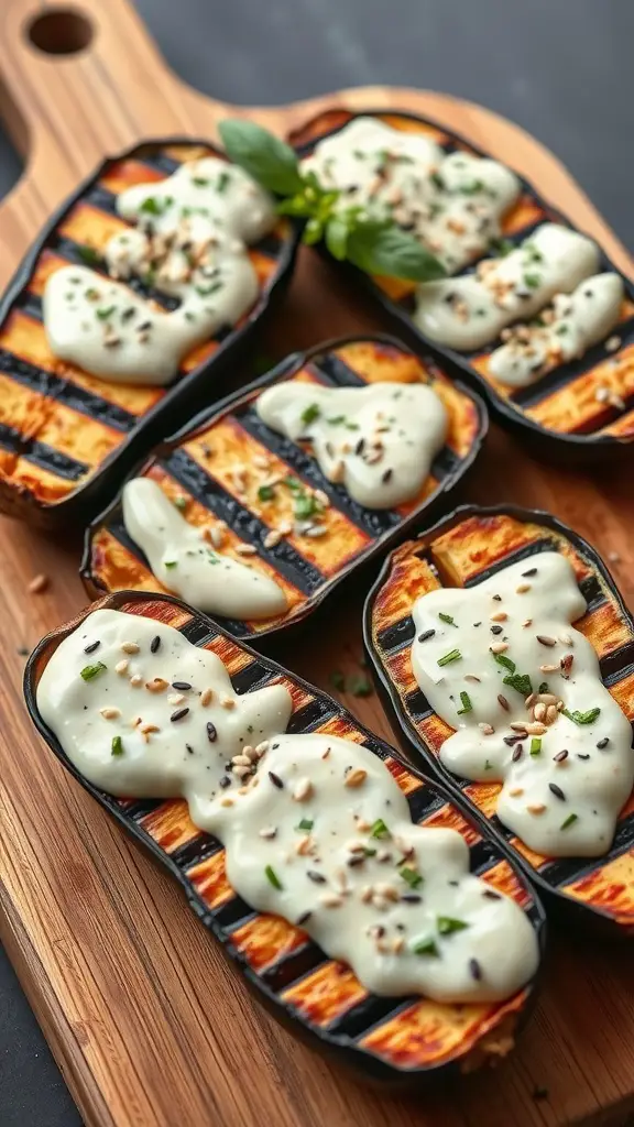 Grilled eggplant with tahini sauce on a wooden serving board