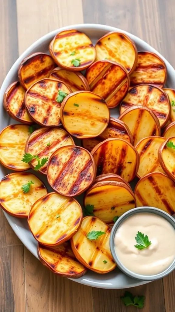 Platter of grilled potato rounds garnished with dipping sauces
