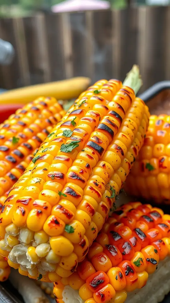 Smoky roasted corn on the cob, golden and grilled, garnished with herbs.