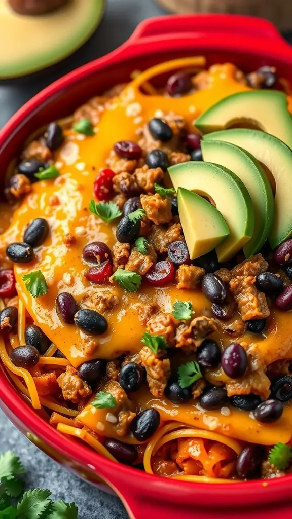 A hearty Southwest Beef and Black Bean Casserole with cheese, ground beef, and toppings.