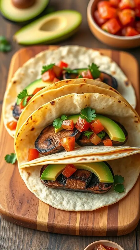 Three Southwestern Portobello Tacos with fresh toppings on a wooden board