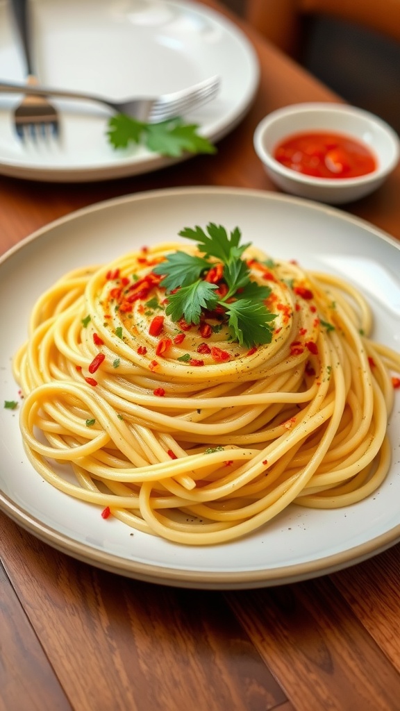 A plate of spaghetti aglio e olio garnished with parsley and chili flakes.