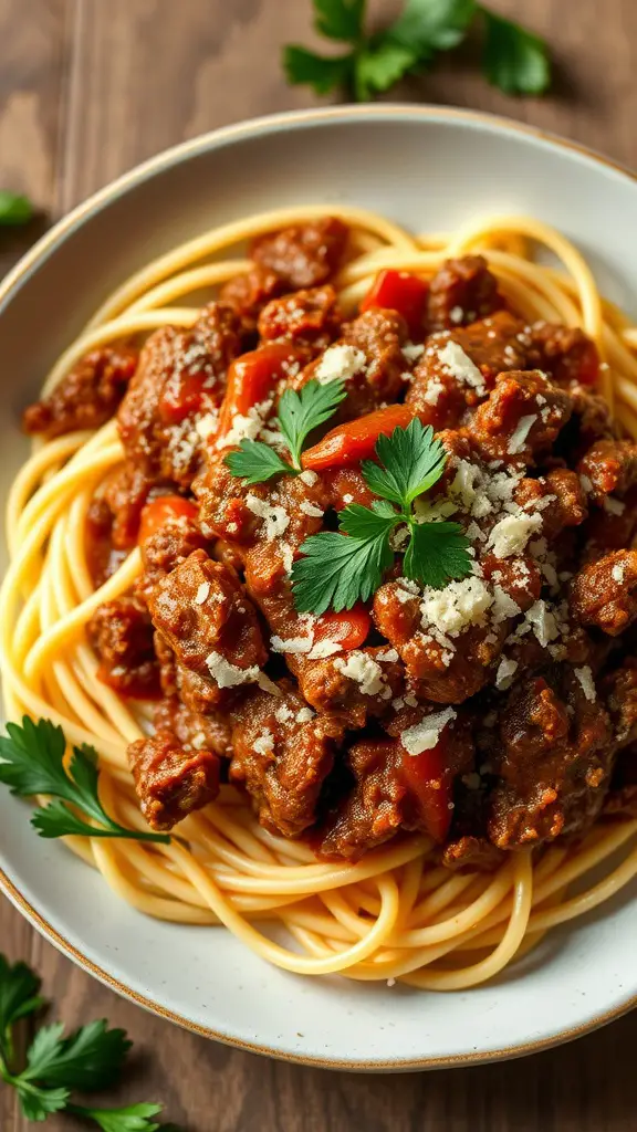 A bowl of spaghetti topped with meat sauce and parsley.