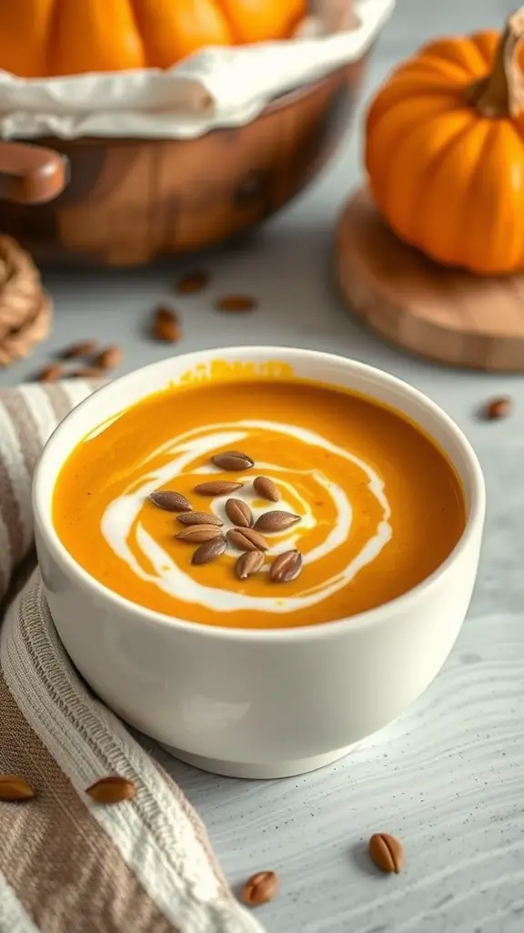 A bowl of spiced butternut squash soup topped with pumpkin seeds and a swirl of cream