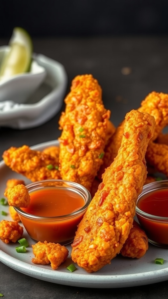 A basket of spicy air fryer chicken tenders served with dipping sauce and celery sticks.