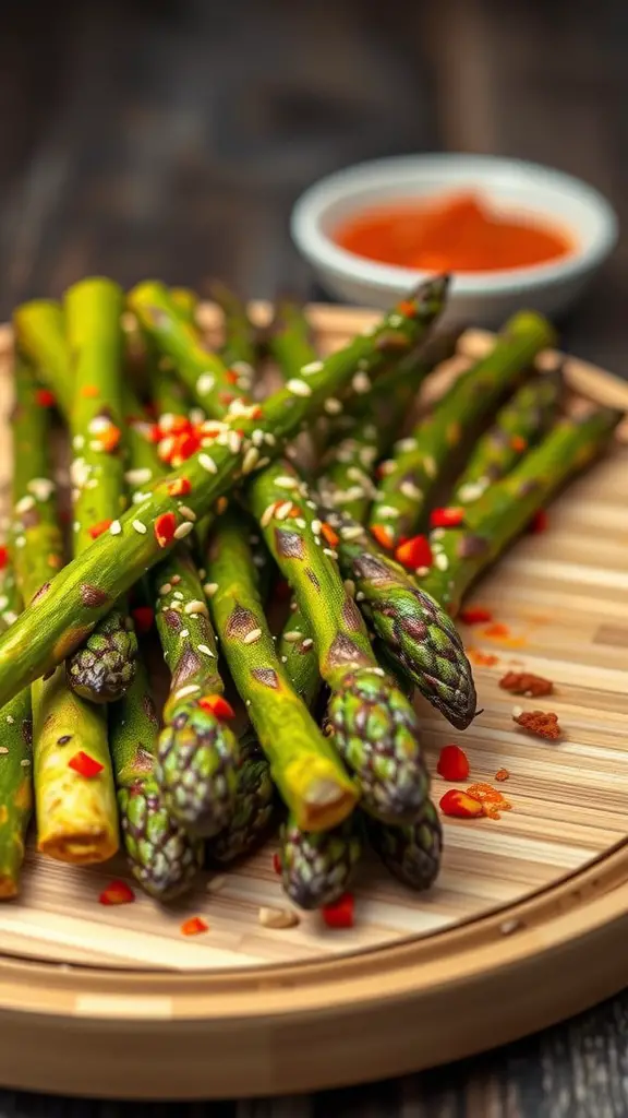 Grilled asparagus with spicy toppings and sesame seeds on a wooden platter.