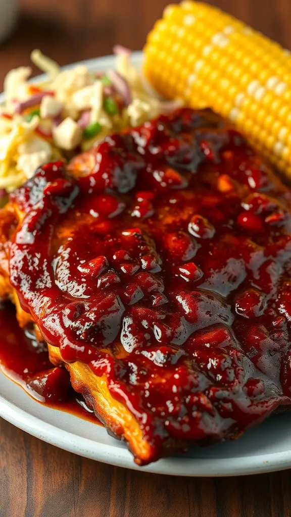 Delicious spicy barbecue beef ribs served with corn and coleslaw.
