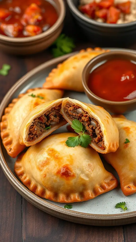Delicious spicy beef empanadas served with dipping sauce.