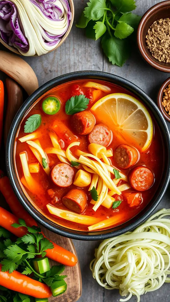 Bowl of spicy cabbage and sausage soup with vegetables