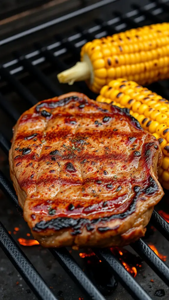 Juicy grilled filet mignon with charred corn on the grill.