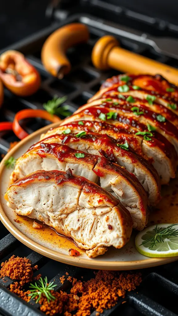 A deliciously grilled Spicy Cajun Pork Loin, sliced and garnished with parsley.