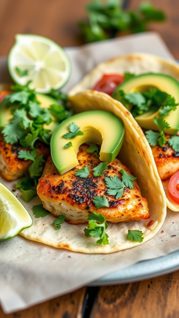 Spicy Cajun Salmon Tacos with avocado and cilantro