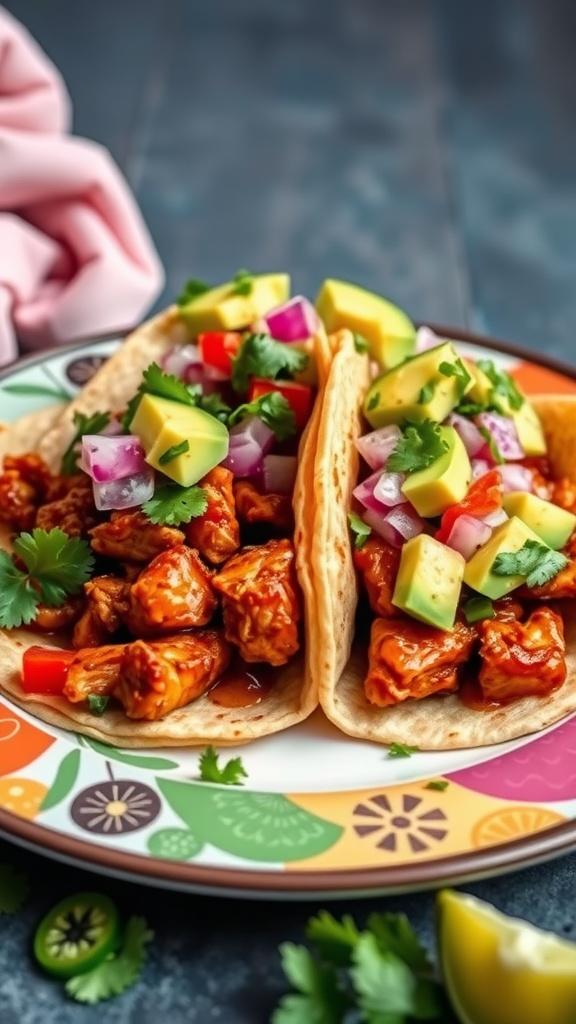 Spicy chicken tacos topped with avocado salsa on a colorful plate.