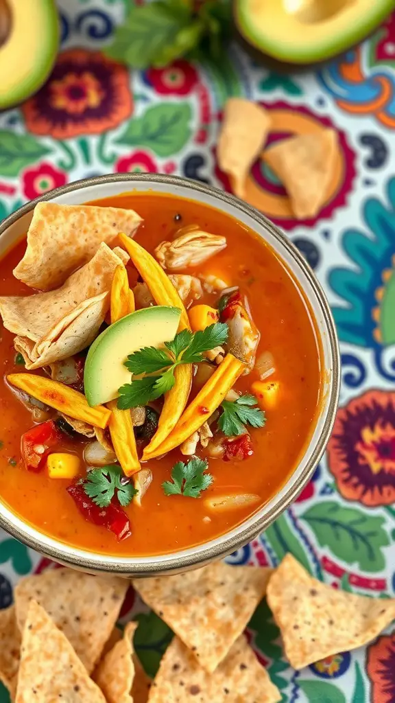 A bowl of Spicy Chicken Tortilla Soup garnished with avocado, tortilla strips, and cilantro.
