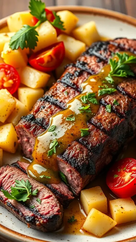 A plate of sliced grilled beef tenderloin topped with chimichurri sauce, served with diced potatoes and cherry tomatoes.