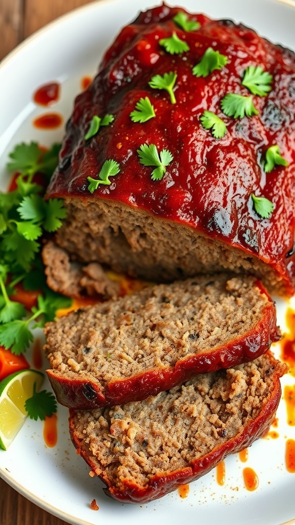 A deliciously glazed spicy chipotle BBQ meatloaf topped with fresh cilantro.