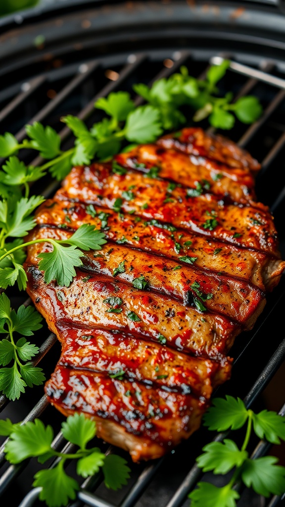 A beautifully grilled flank steak garnished with fresh herbs.