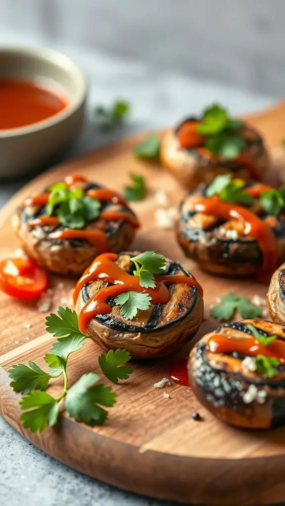 Spicy Chipotle Portobello Bites on a wooden platter with garnishes