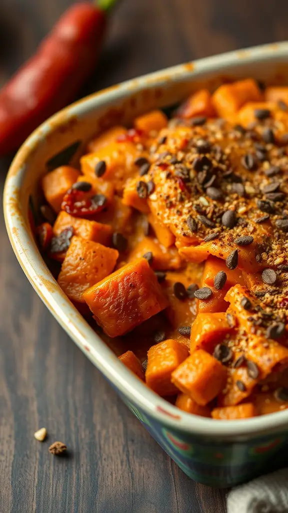 A delicious Spicy Chipotle Sweet Potato Casserole served in a colorful baking dish, featuring cubed sweet potatoes, black beans, and a sprinkle of spices.