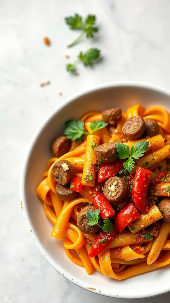 A bowl of spicy chorizo and tomato fusilli pasta with cherry tomatoes and fresh herbs.