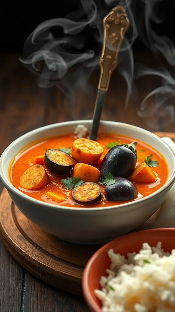 A bowl of spicy eggplant curry with steam rising and a side of rice.