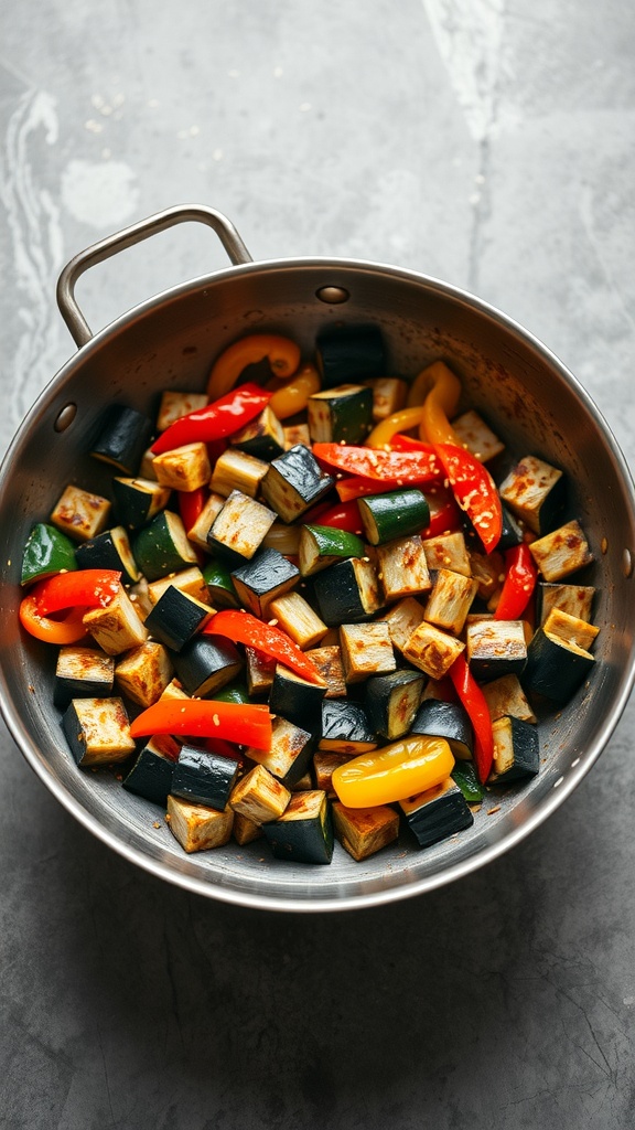 A colorful and vibrant spicy eggplant stir-fry with diced eggplant and bell peppers sautéed together in a pan.