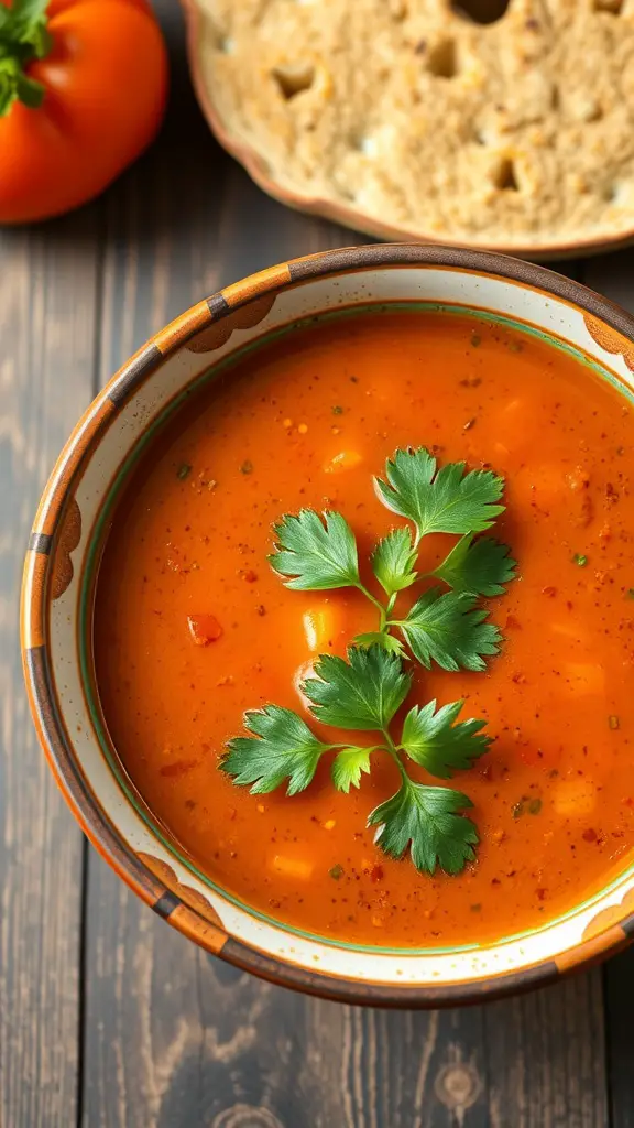 A vibrant bowl of spicy gazpacho garnished with cilantro.