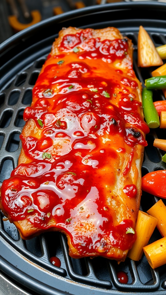 Spicy gochujang marinated pork belly served with vegetables.