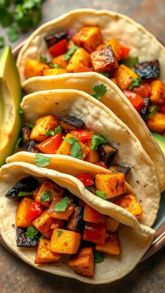 Three grilled vegetable tacos filled with vibrant vegetables and garnished with cilantro.