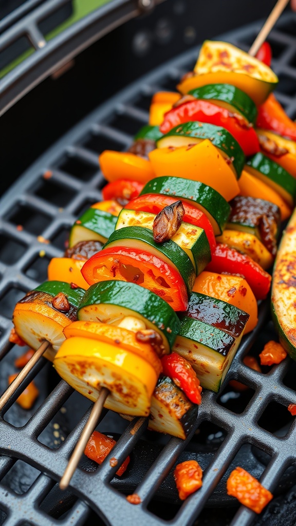 Spicy grilled zucchini skewers with colorful bell peppers on a grill.
