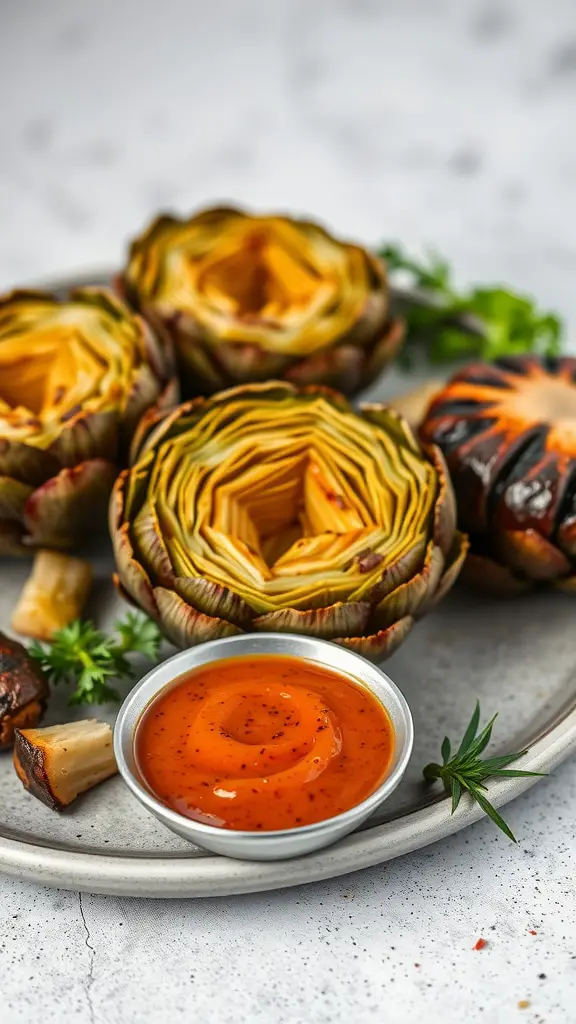 Grilled artichokes served with spicy harissa sauce.
