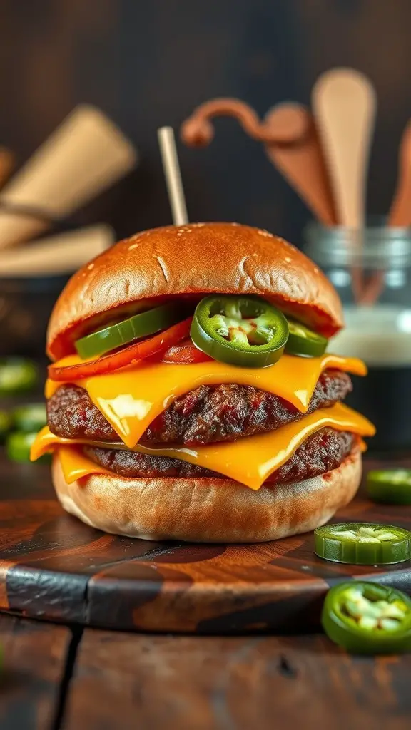 A spicy jalapeño and cheddar burger stacked with toppings.