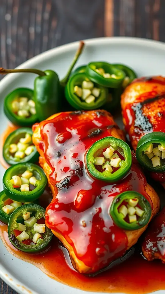 Spicy Jalapeño Barbecue Sauce with chicken and jalapeño slices