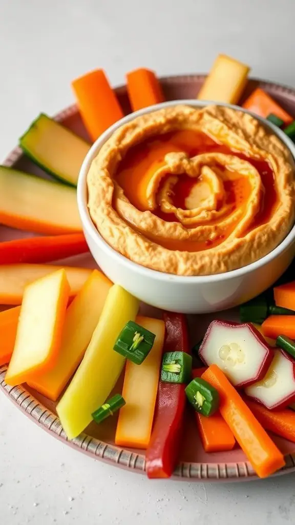 A bowl of spicy roasted red pepper hummus surrounded by assorted fresh vegetables.