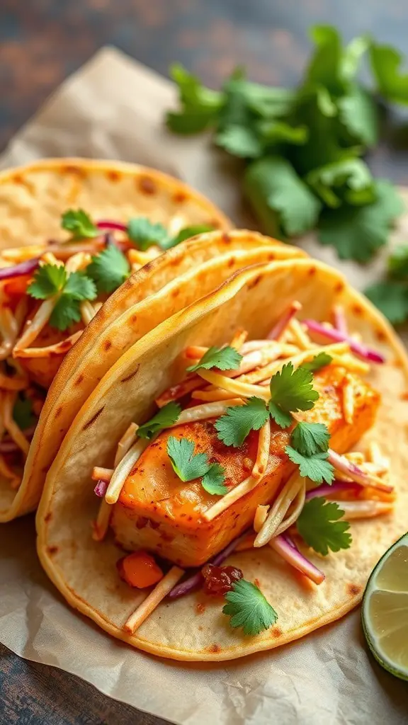 Delicious spicy salmon tacos with slaw, garnished with cilantro.