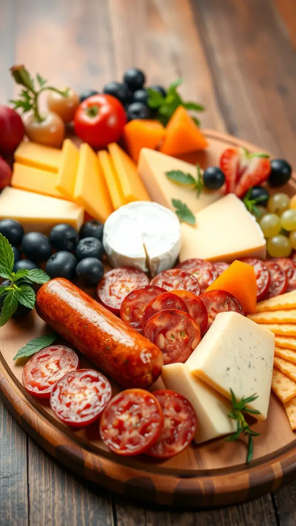 A delicious spicy sausage and cheese platter with assorted cheeses, fruits, and crackers.