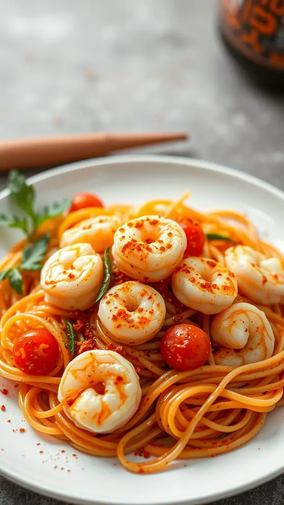 A delicious plate of spicy shrimp and tomato spaghetti garnished with parsley.