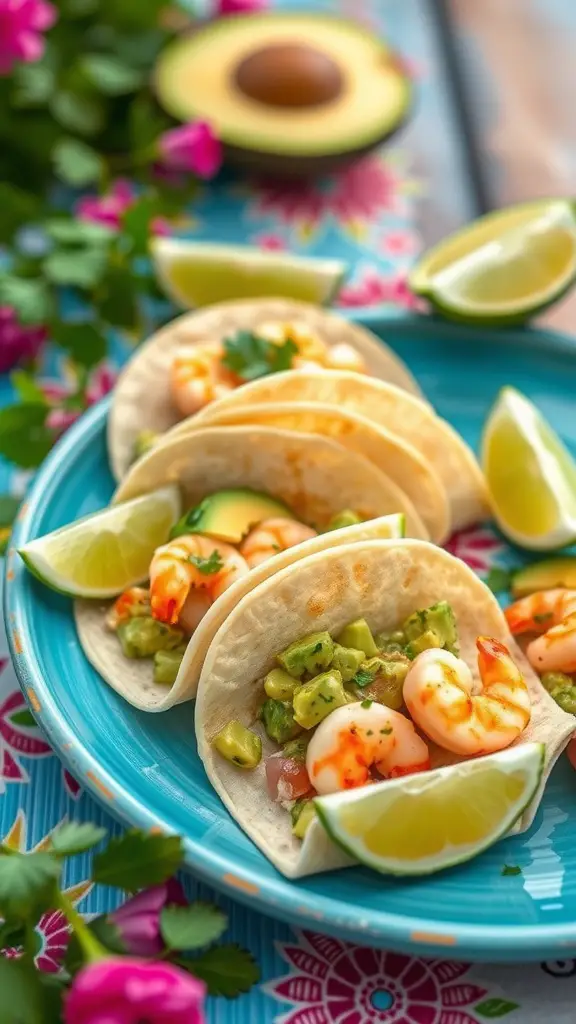 Delicious spicy shrimp tacos with avocado salsa served on a colorful plate.