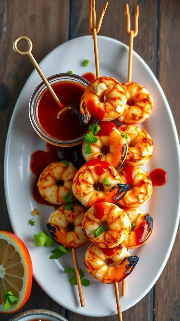 A bottle of Sriracha sauce with grilled shrimp in the background