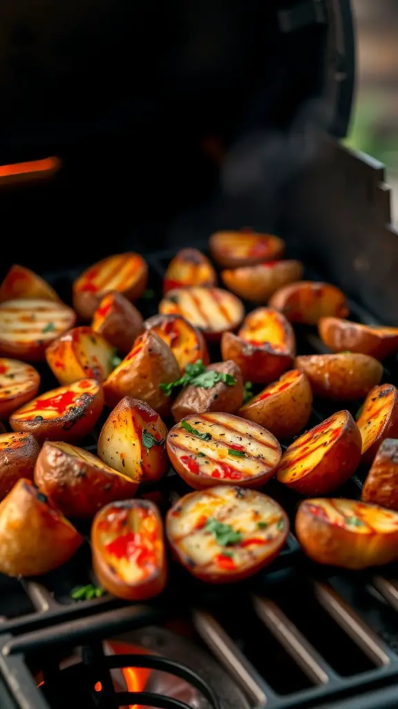 A close-up of grilled potatoes seasoned with Sriracha and herbs.