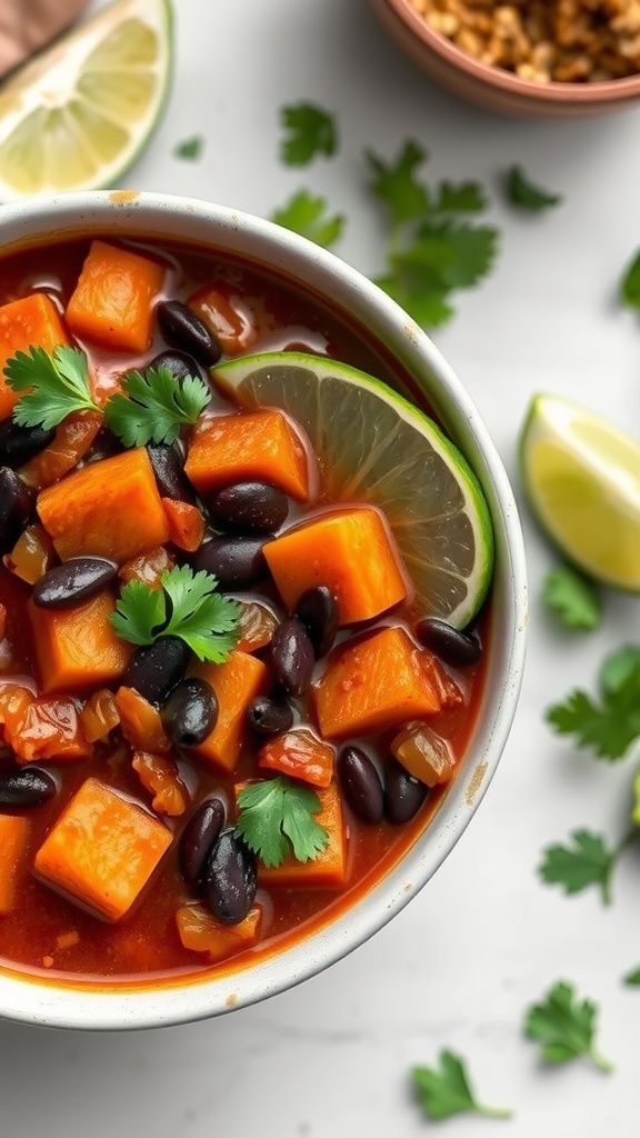 A bowl of spicy sweet potato and black bean chili garnished with cilantro and lime.