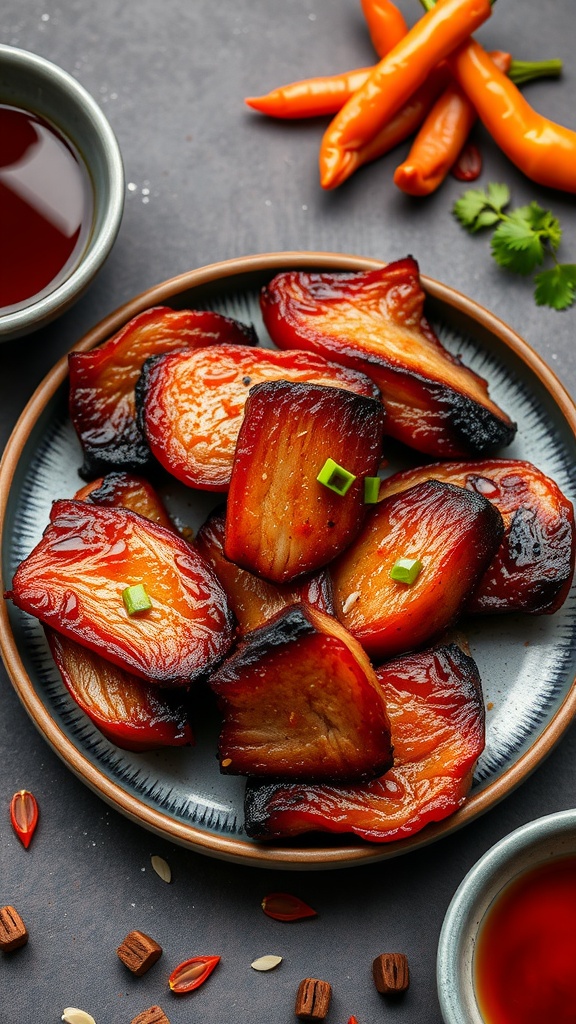 A plate of Spicy Szechuan BBQ Pork Belly garnished with chopped green onions, served with chili peppers and dipping sauce.