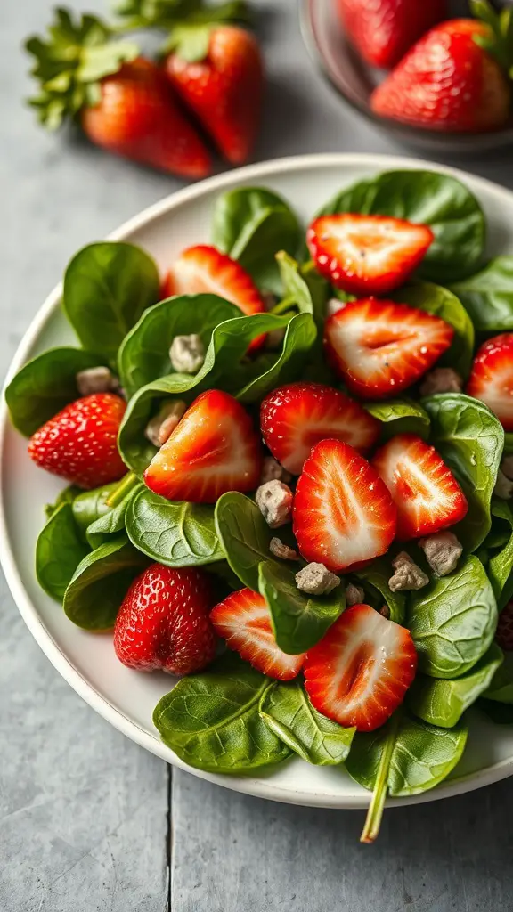 A vibrant spinach and strawberry salad garnished with poppy seeds.