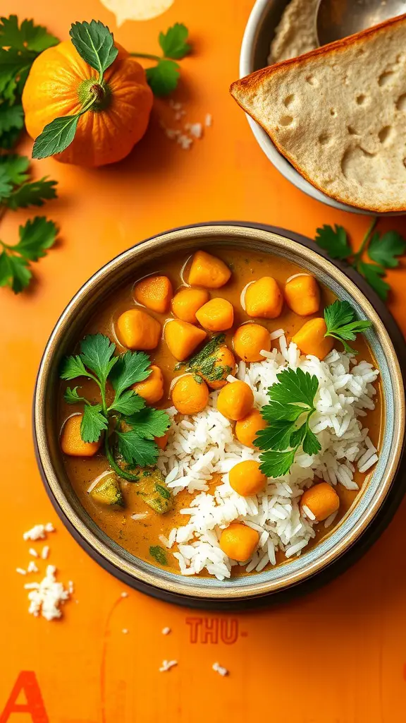 A bowl of squash and chickpea curry with rice and garnished with cilantro.