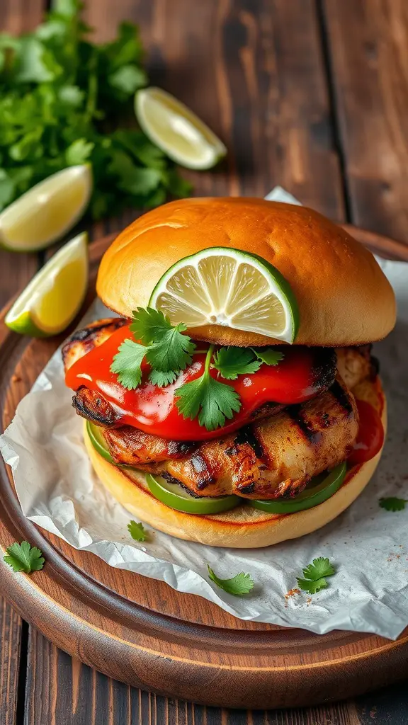 Sriracha and Lime Chicken Burger with fresh cilantro and lime slices