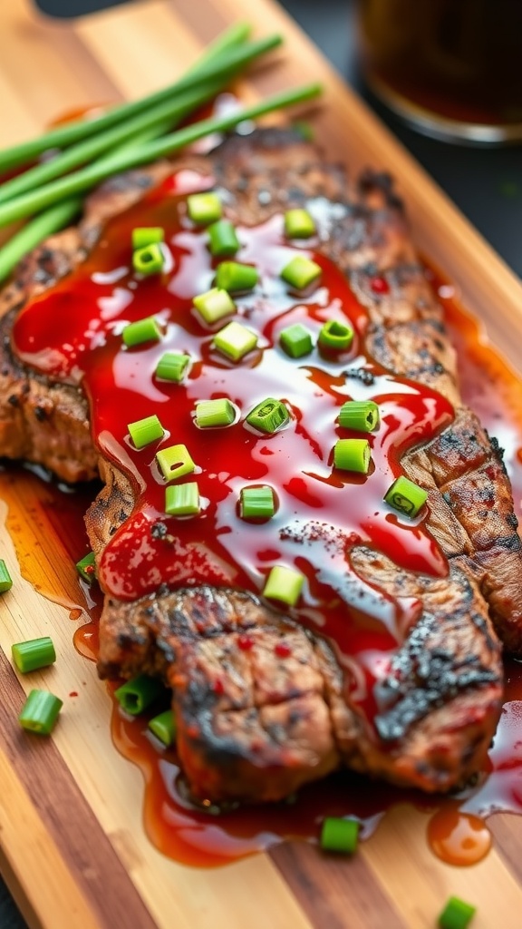 Sriracha Honey Glazed Flank Steak served on a wooden cutting board with green onions.