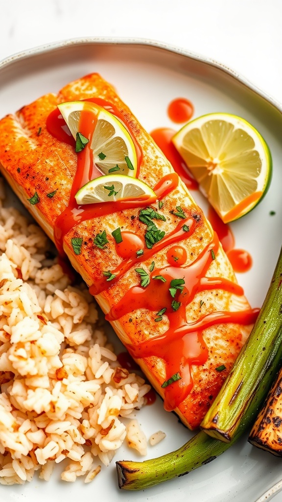 A plate of Sriracha lime salmon with rice and grilled vegetables.