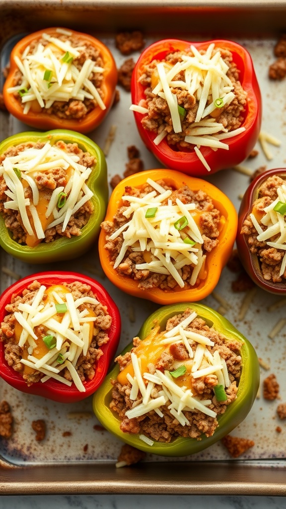 Stuffed bell peppers filled with ground beef and topped with cheese